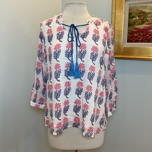Oliphant Cotton Tassel Tie Blouse Top M‎ Pink Blue Block Print Boho Resort Beach